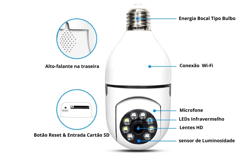 Câmera de Vigilância Wifi Preferida dos Brasileiros Tipo Lâmpada c/ Visão Noturna e Rastreamento de Pessoas